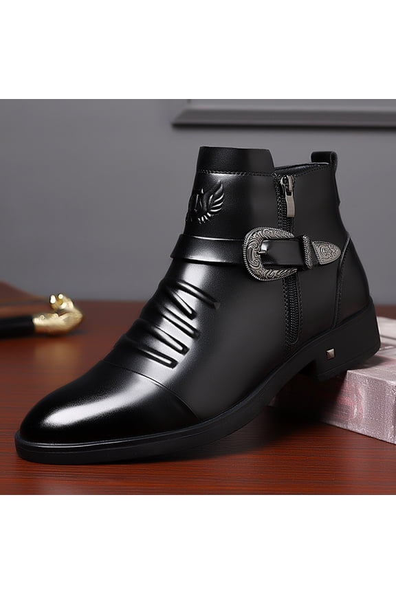 Featuring a Pointed Toe and Unique Pleated Vamp for a Stylish Biker or Formal Look.,Men's Vintage Western Style Ankle Boots with a Convenient Side Zipper and Ornate Carved Buckle