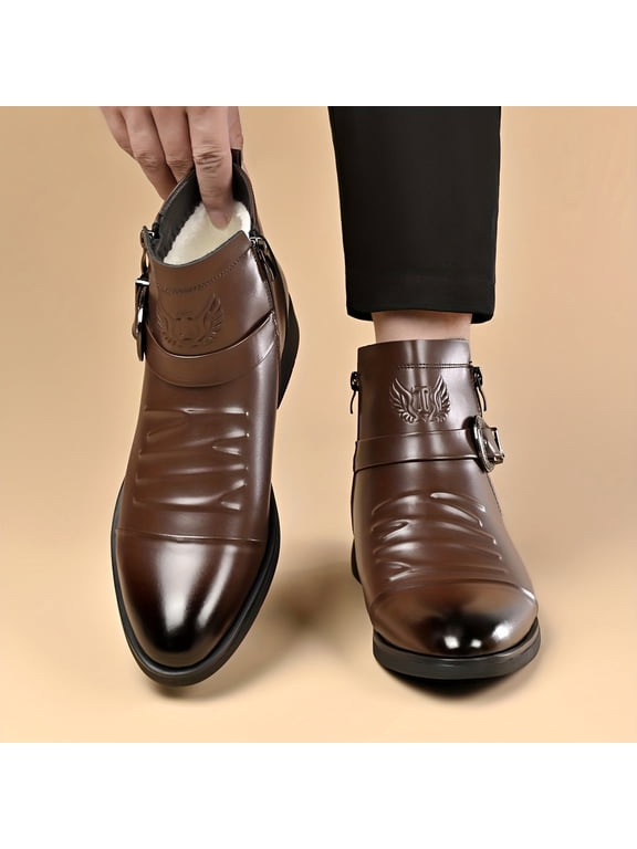 Featuring a Pointed Toe and Unique Pleated Vamp for a Stylish Biker or Formal Look.,Men's Vintage Western Style Ankle Boots with a Convenient Side Zipper and Ornate Carved Buckle