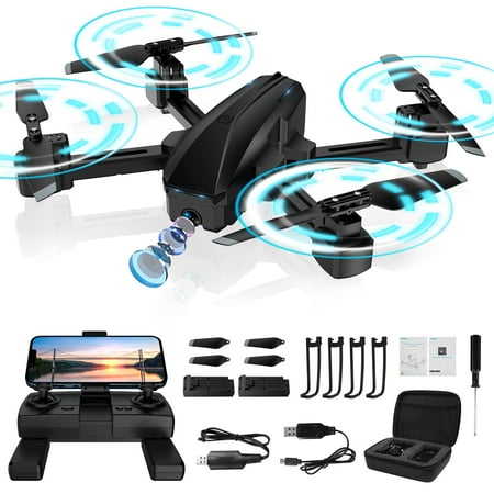 Drone with 1080P HD Camera, 2.4 GHz RC Quadcopter with LED Lights and Optical Flow Sensor, 2 Batteries for Adults and Kids, Black