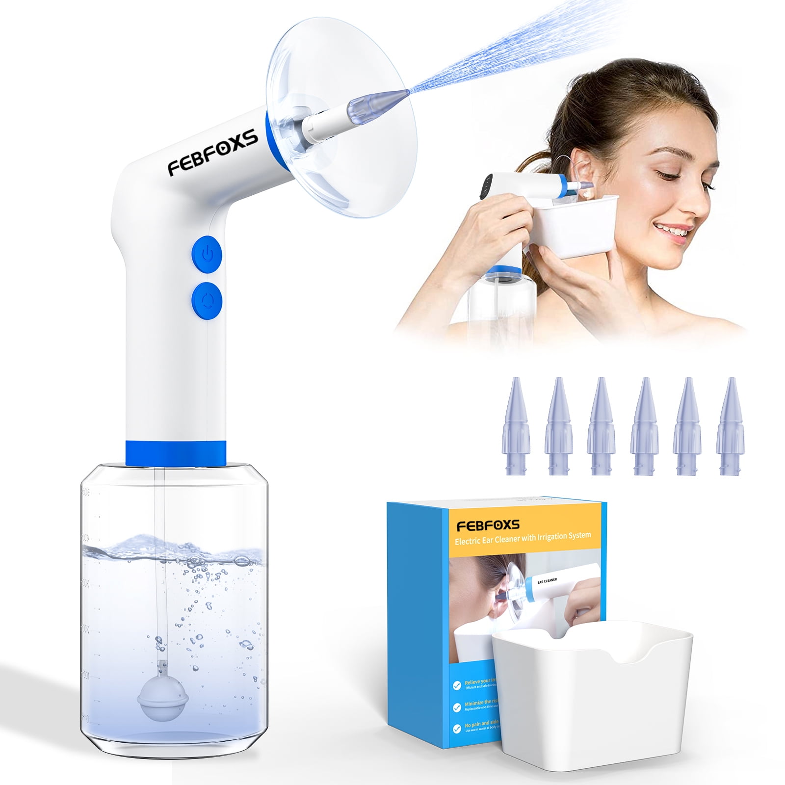 Febfoxs Ear Wax Removal, Ear Cleaning Kit,4 Cleaning Modes, One-Touch Start  Water Spray,5 Ear Tips & Ear Basin