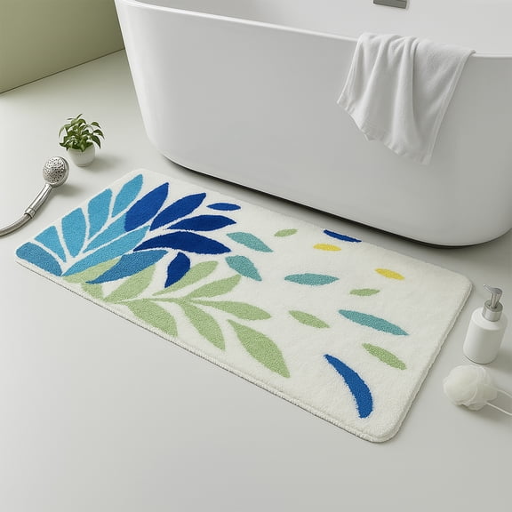Feblilac Blue Green Leaf Bathroom Rug, Leaves Bath Rug, Cute Plant Bathroom Mat, Washable Microfiber Bath Mats for Bathroom Living Room Fast Dry