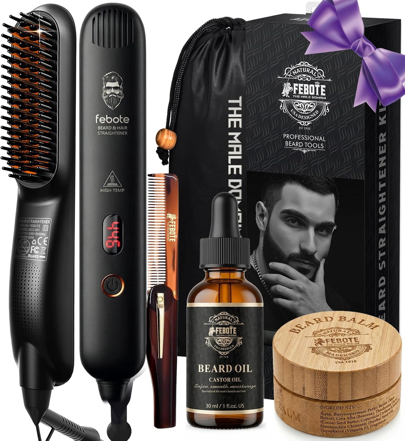Febote Beard Grooming Kit for Men, Heated Straightener Brush with Oil ...