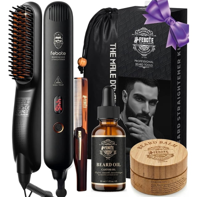Febote Beard Grooming Kit for Men, Heated Straightener Brush with Oil ...