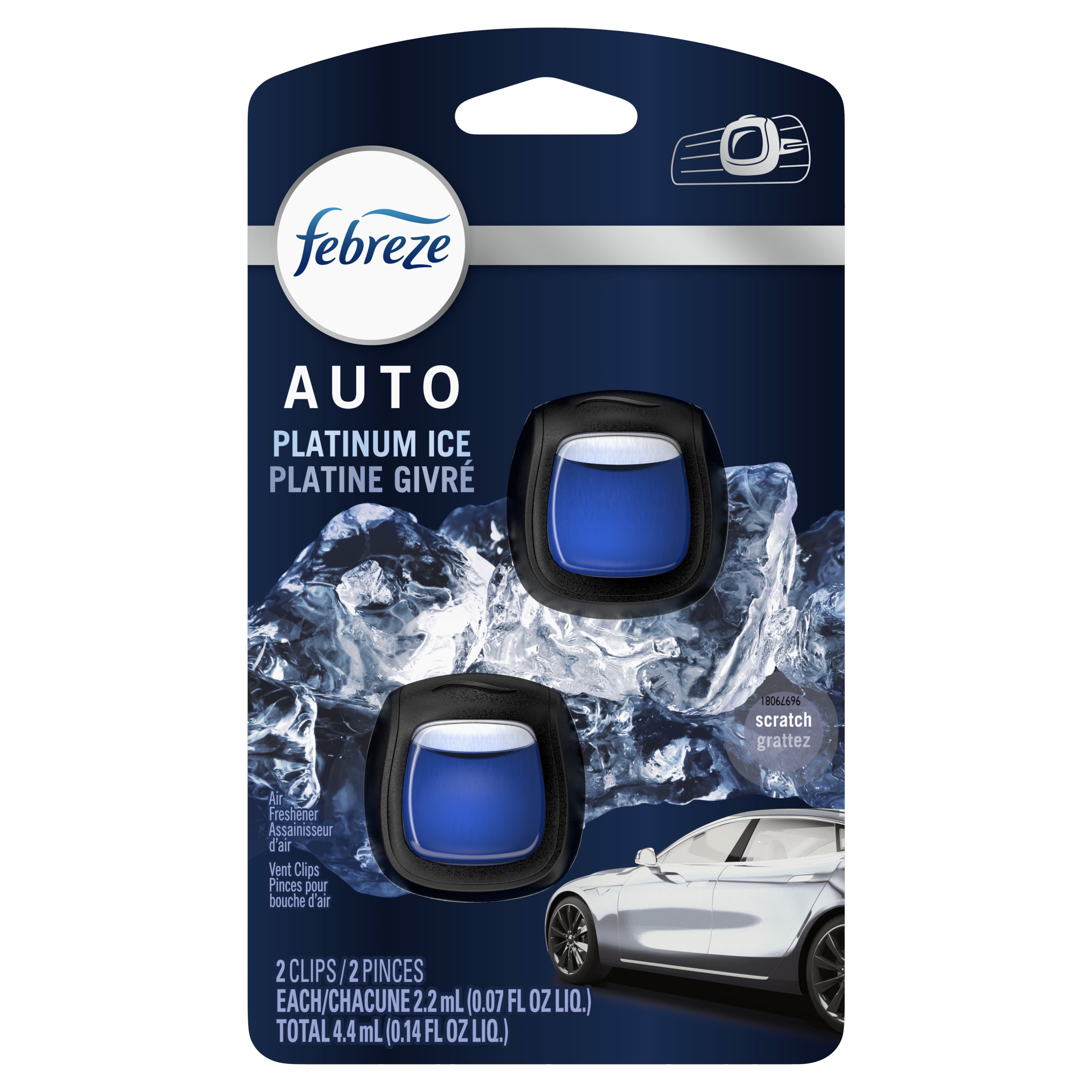 Febreze AUTO Car Air Freshener Odor Fighting Car Vent Clip Platinum Ice 2 Count