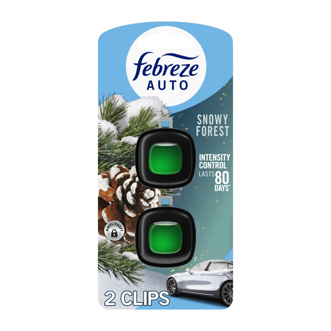Febreze AUTO Air Freshener Automotive Vent Clip Snowy Forest, 2ct