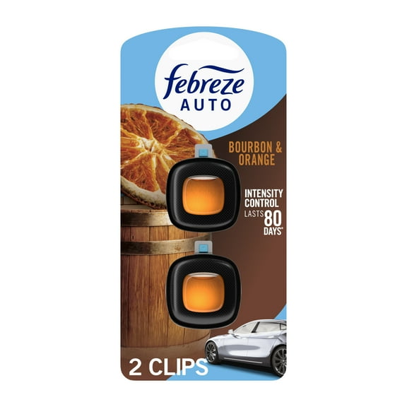 Febreze AUTO Car Air Freshener, Odor-Fighting Car Vent Clip, Bourbon & Orange, 2 Count