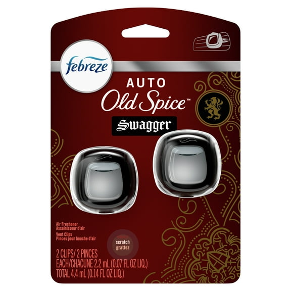 Febreze AUTO Odor-Eliminating Car Freshener Old Spice Swagger, .07 oz. Car Vent Clip, Pack of 2