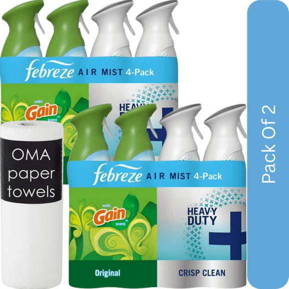 Febreze Air Effects Air Freshener Spray Gain Original + Heavy Duty (4 Count, 35.2 oz)-2pk, With Paper Towel By OMA