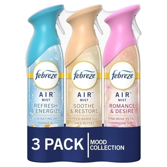 Febreze Air Mist Air Freshener Spray, Odor-Fighting Room Spray for Home and Bathroom and Kitchen, Aerosol Can, Refresh & Energize, Soothe & Restore, Romance & Desire Scent, 8.8oz, 3 Count