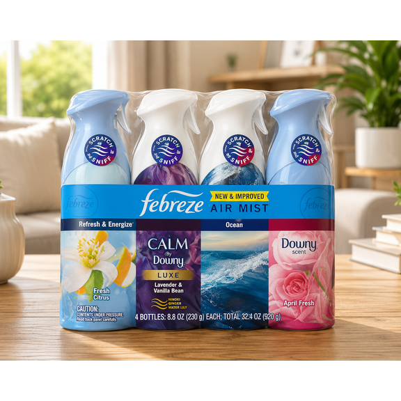 Febreze Air Mist Variety Pack Air Freshener Spray with Refresh & Energize, Calm Luxe Lavender & Vanilla Bean, Ocean, & Downy April Fresh Scents, 8.8 oz, 4 Count, 4 Pack
