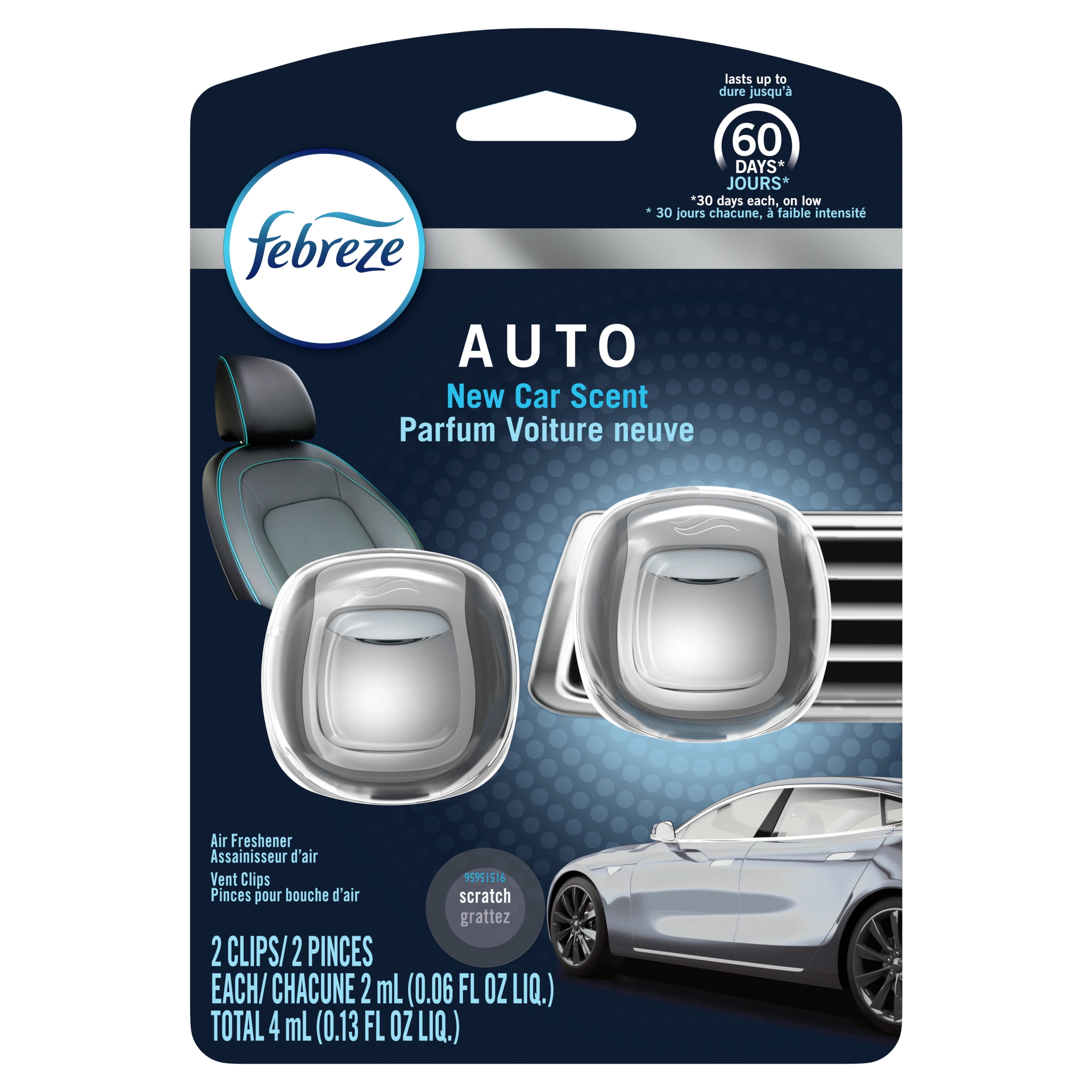 Febreze Auto Odor Eliminating Air Freshener Vent Clips, New Car Scent, .06  oz, 2 Count