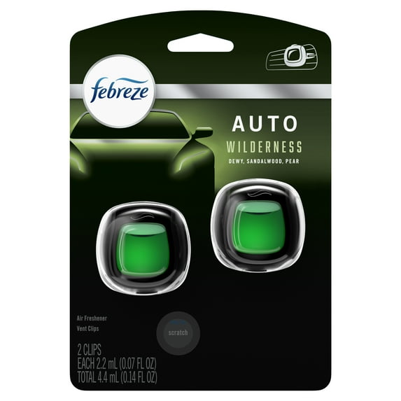 Febreze Auto Odor-Eliminating Car Freshener Vent Clip, Wilderness, 2 Pack