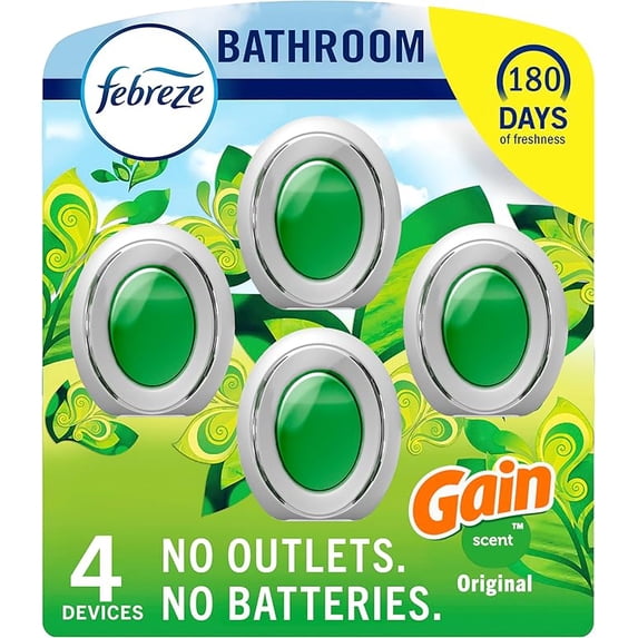 Febreze Bathroom Air Freshener, Odor-Fighting, Plug-In Alternative, Air Fresheners for Home, Bathroom and Kitchen, Closet, Pet & Litter Box Odor Fighter, Gain Original Scent, Multicolor, 4 Count