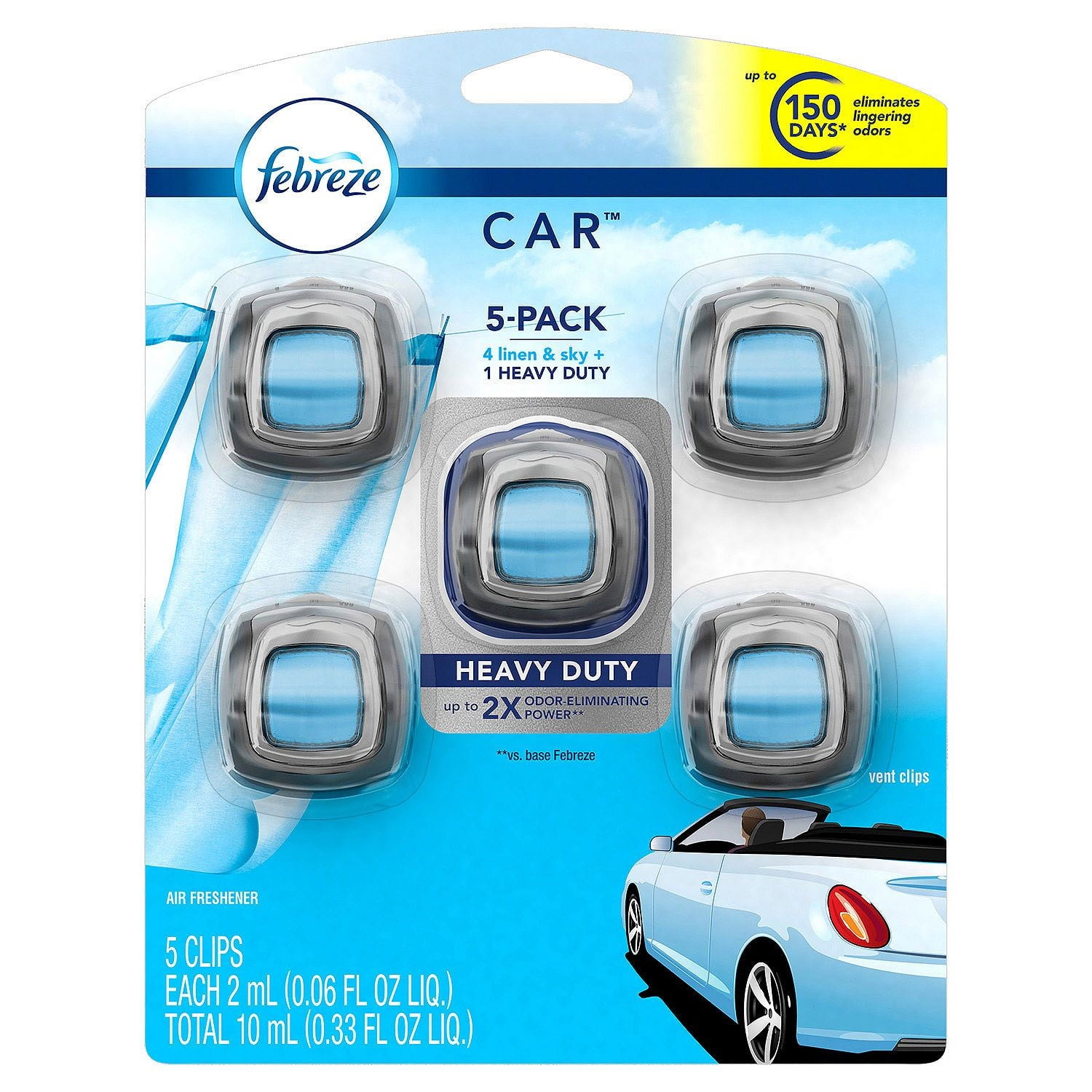 Febreze Car Air Freshener 5Pack, 4 Linen & Sky Scent + 1 Heavy Duty