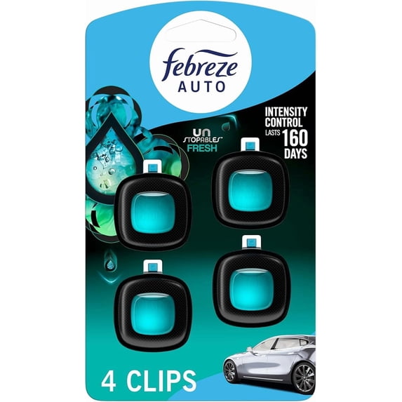 Febreze Car Air Freshener, Odor-Fighting Automotive Vent Clip, Scented Car Accessories, Long Lasting for Strong Odors, Unstopables Fresh Scent, .07 fl oz, 4 Count (New Pack)