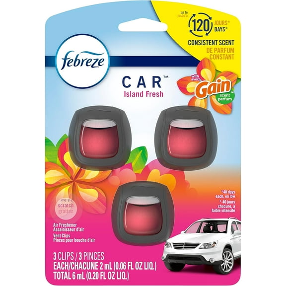 Febreze Car Air Freshener, Odor-Fighting Car Vent Clip, Gain Island Fresh, 3 Count