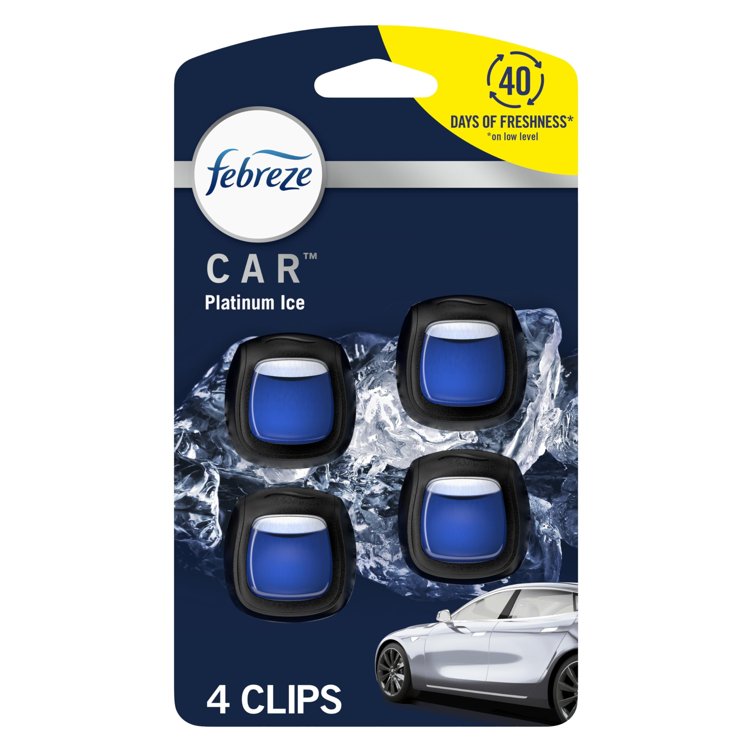 Febreze Car Air Freshener Vent Clip Platinum Ice Scent, 07 oz. Car Vent Clip, Pack of 4(Packaging May Vary)
