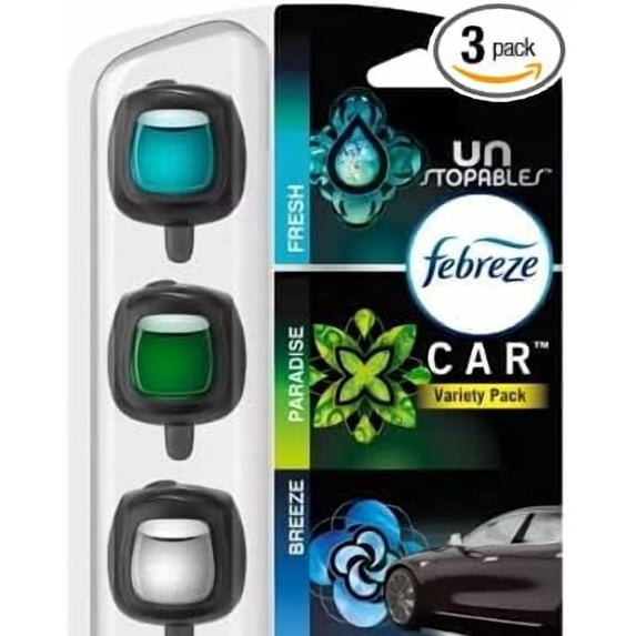 Febreze Car Air Freshener Vent Clips, Car Freshener, Unstopables Scents Variety Pack, .07 oz. Car Vent Clip, 3-Count, Car Air Fresheners (New Pack)
