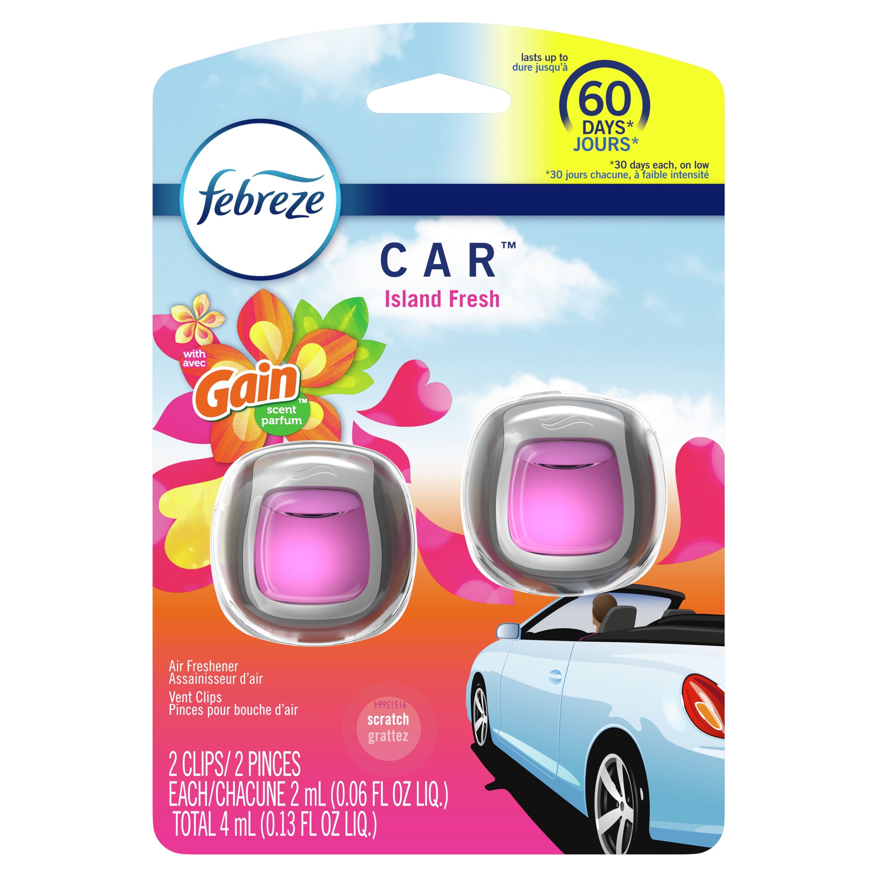 Febreze Car Air Freshener, 2 Gain Original and 2 Gain Island Fresh Scents, 4 Count
