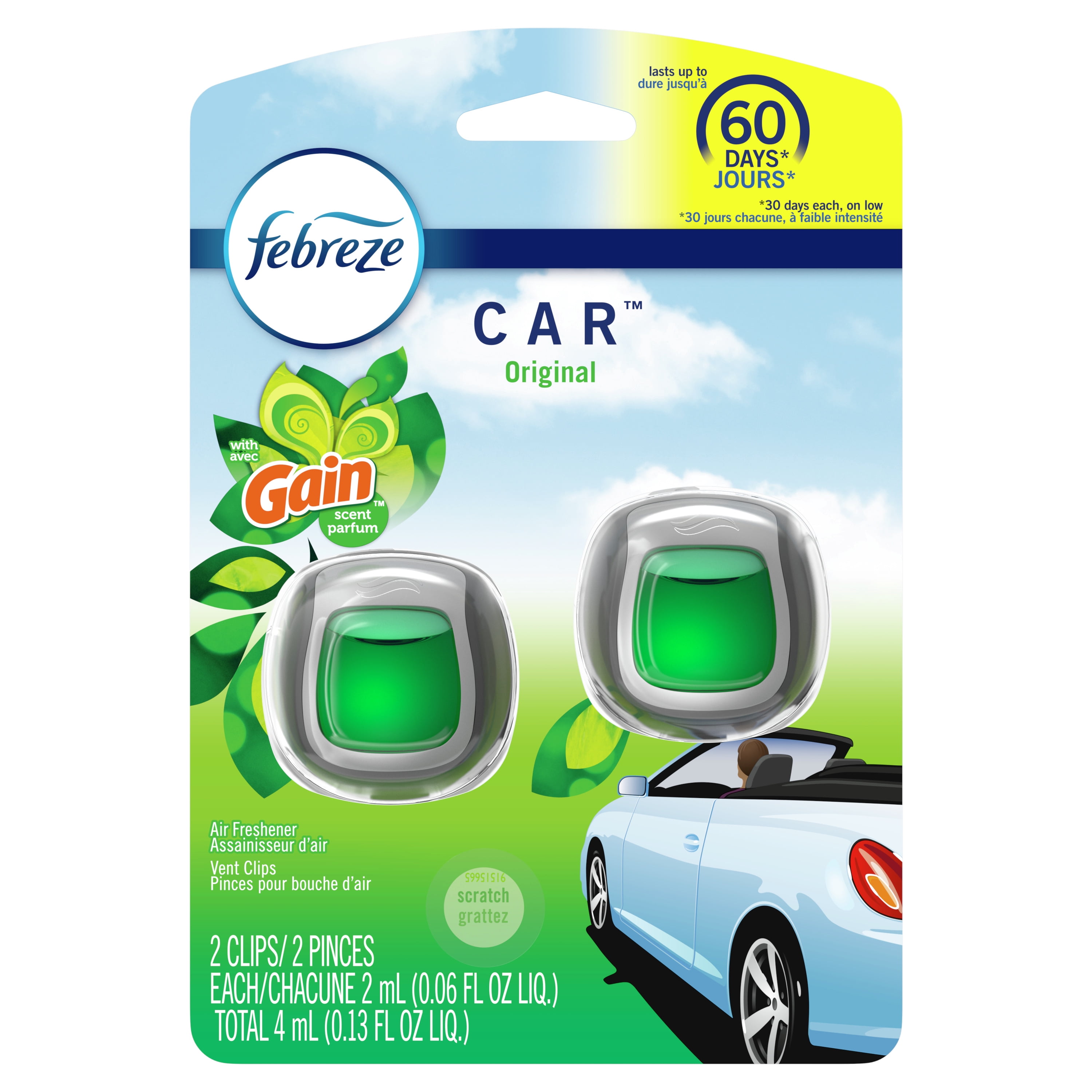 Febreze Car Odor Eliminating Air Freshener, Gain Original, 2 Count