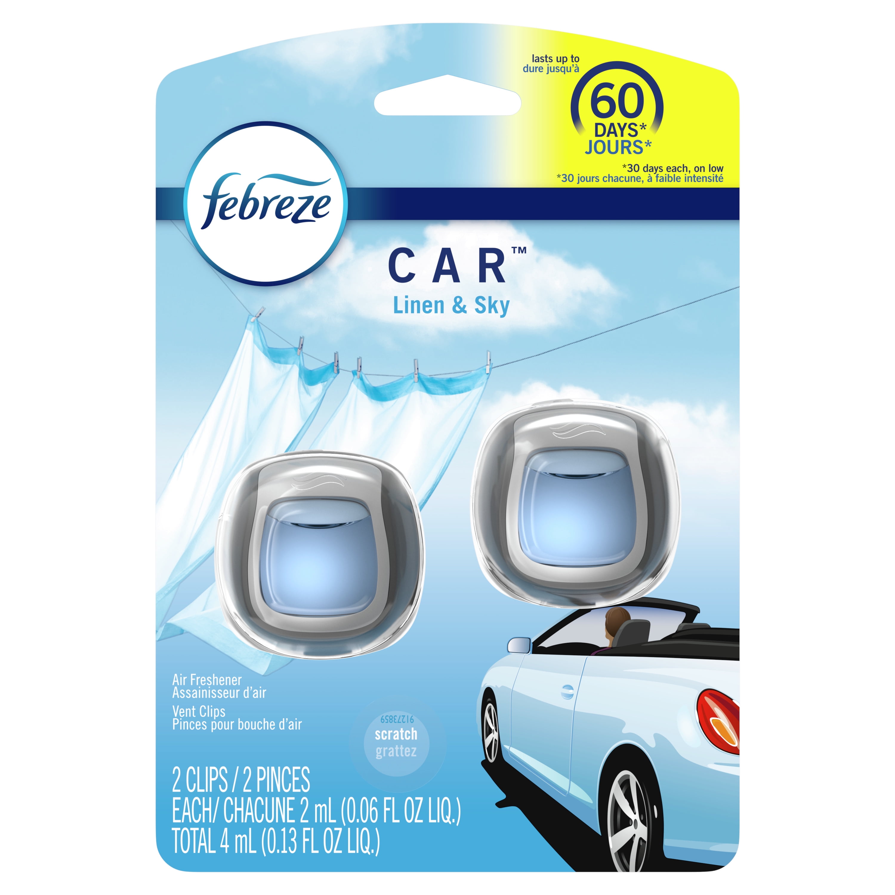 Febreze Car Odor Eliminating Air Freshener, Linen and Sky, 2 Count