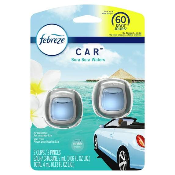 Febreze Car Odor Eliminating Freshener Vent Clip Bora Bora Waters, .06 oz, 2 Pack