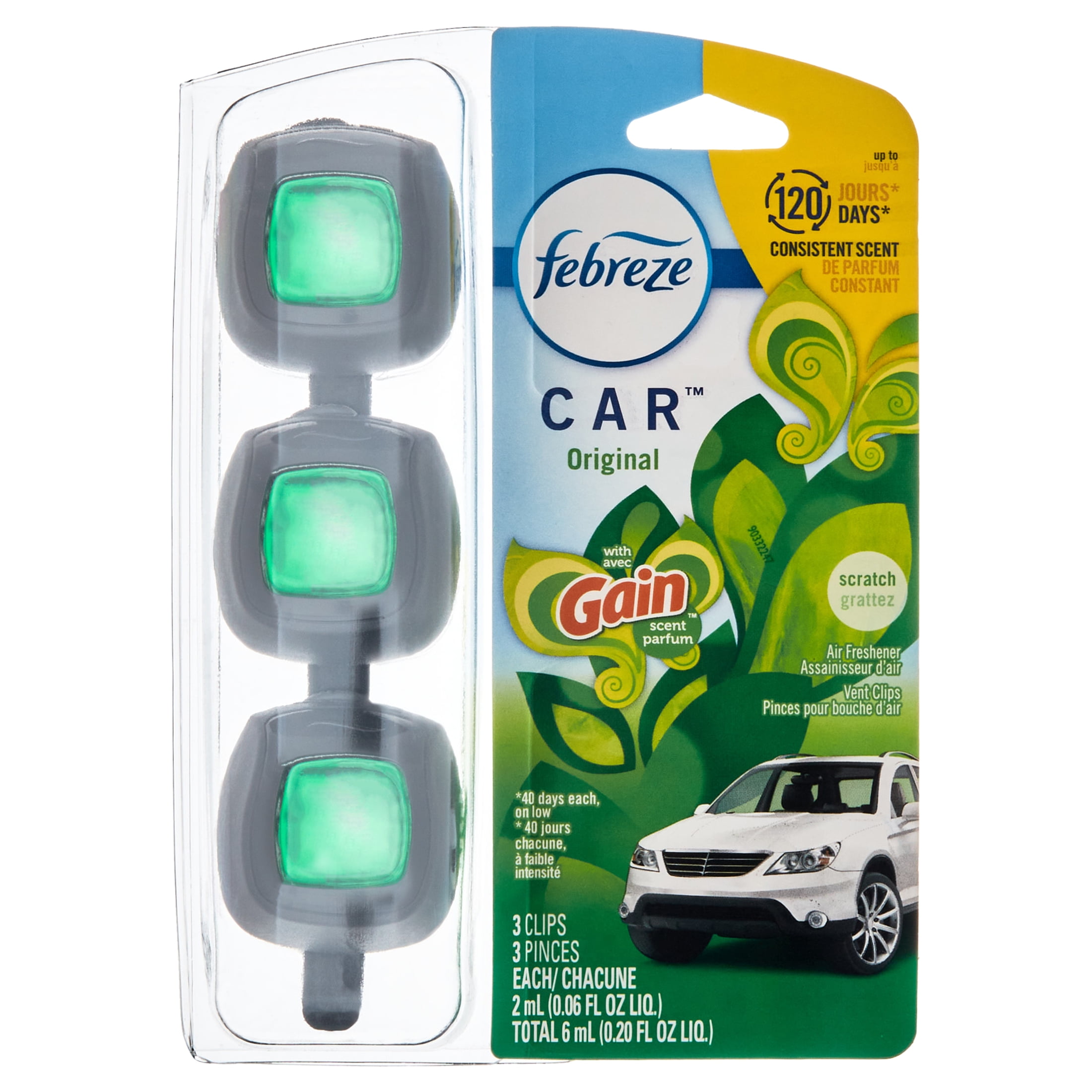 Febreze Car Odor-Fighting Car Freshener Vent Clip Gain Original Scent, .06  oz, Pack of 3