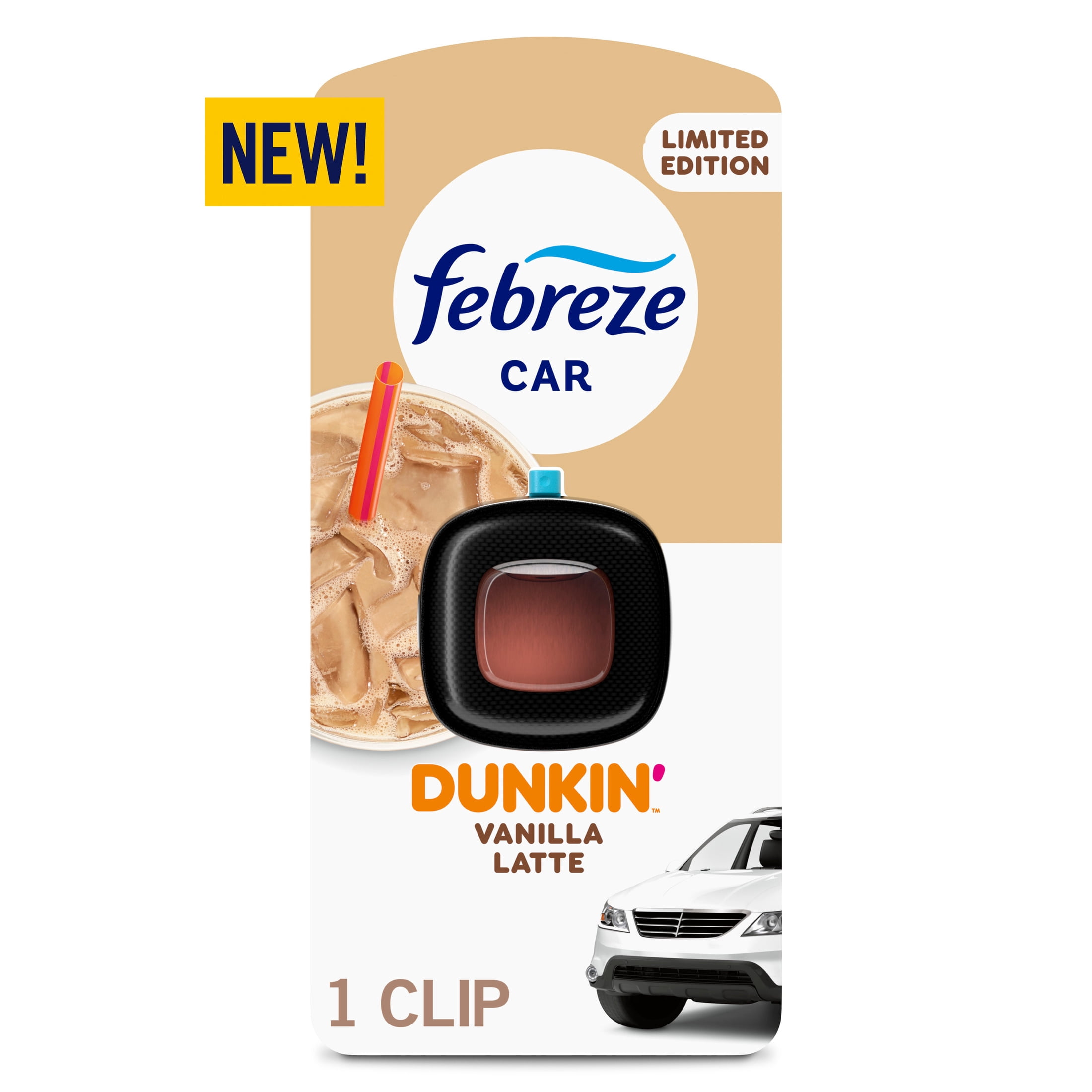 Febreze Dunkin' Car Air Freshener, Odor-Fighting Automotive Vent Clip, Vanilla Latte Scent, 1 Count