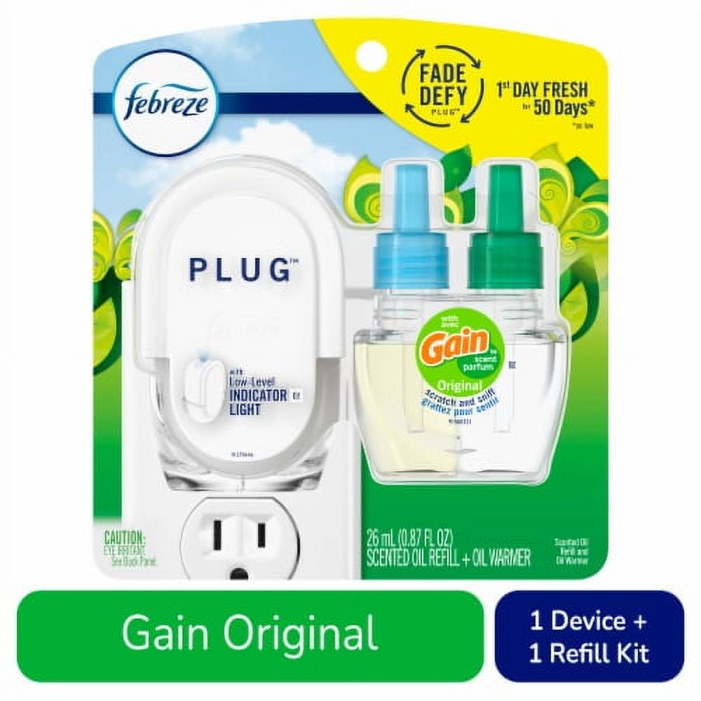 Febreze Fade Defy PLUG Air Freshener & Odor Fighting Starter Kit with Gain Original Oil Refill 1 pk.