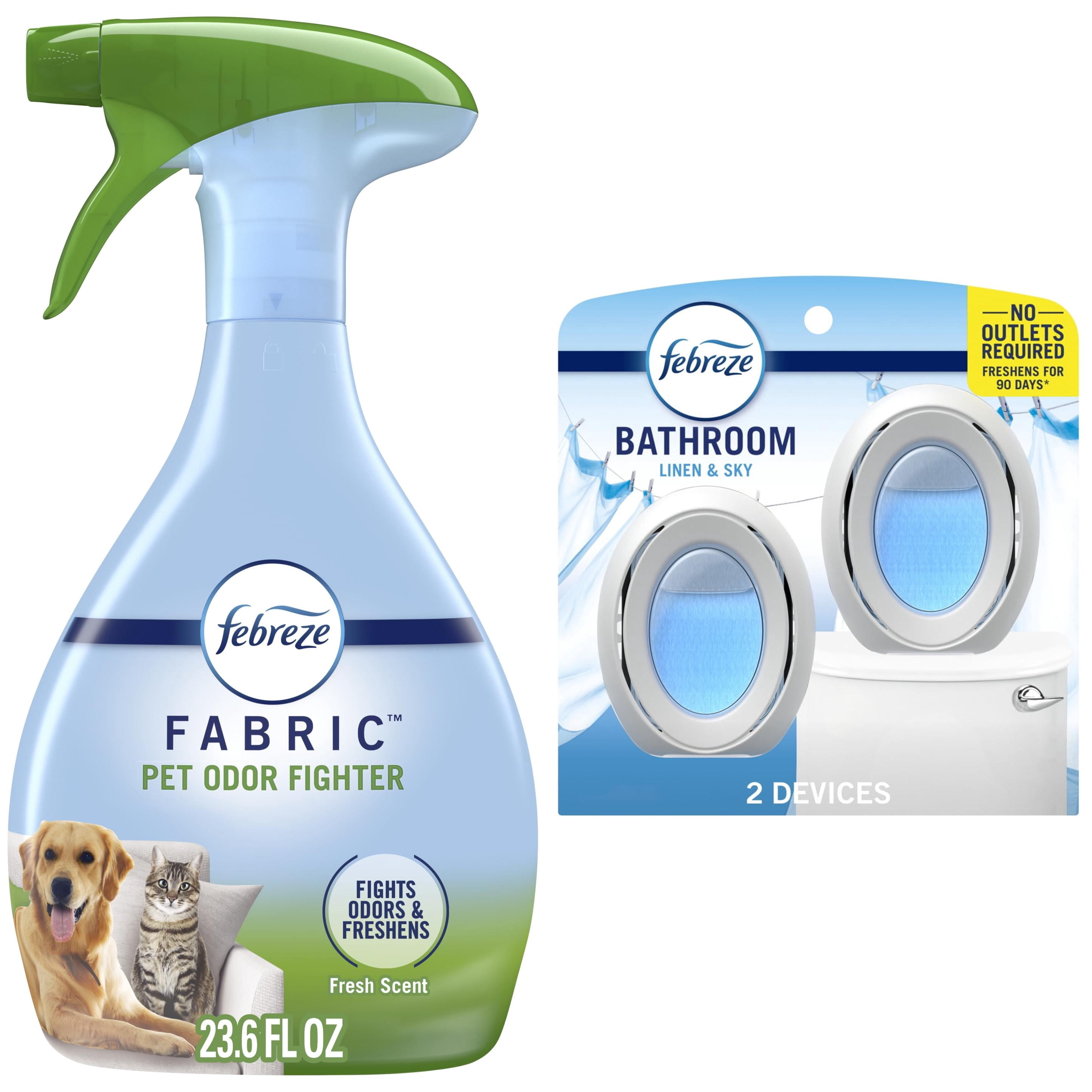 Febreze Home Odor Control Bundle, Fabric Refresher Pet Odor Fighter 23.6 fl oz + Bathroom Air Freshener Linen & Sky 2 Count