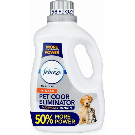 Febreze Laundry Detergent Additive for Pet Supplies, Maximum Strength In Wash Pet Odor Eliminator, Designed to Remove Tough Odors in Fabrics and Clothing in a Single Wash, Fresh Scent, 98 fl oz
