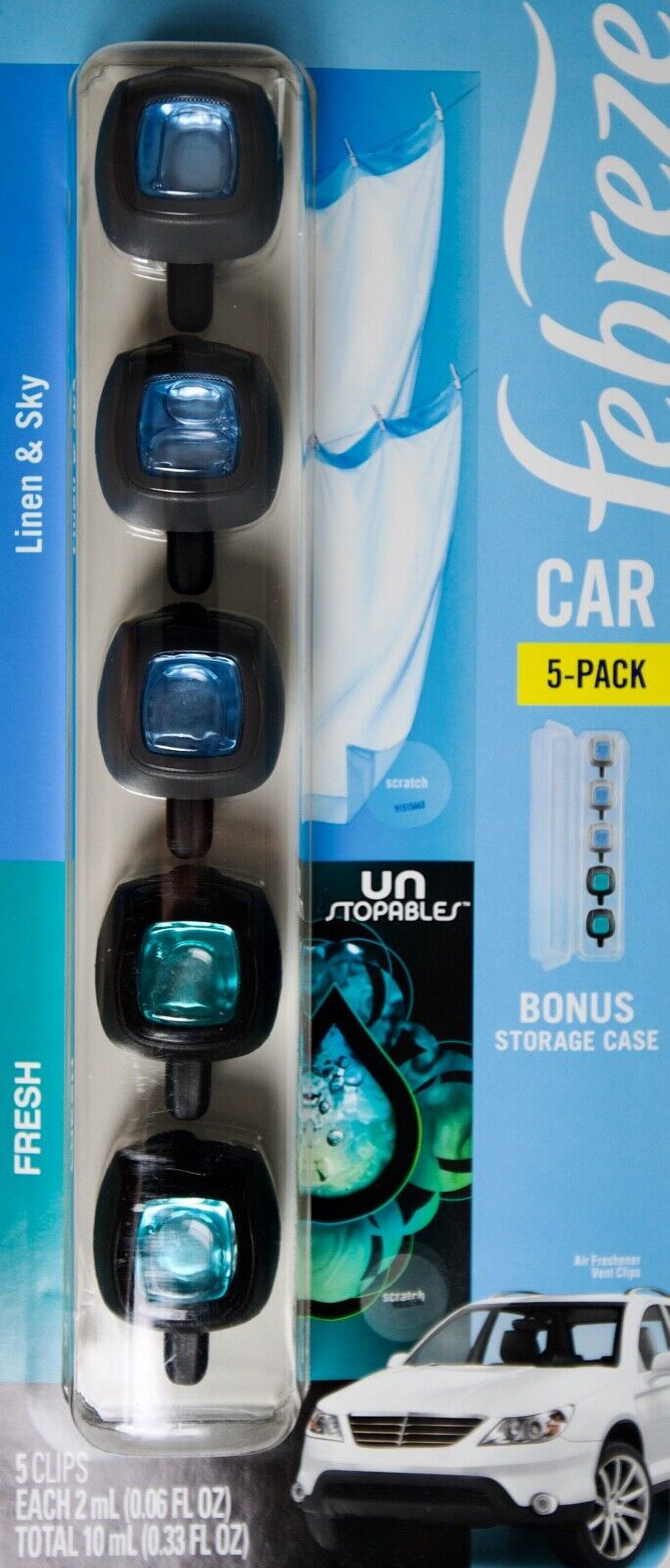 Febreze Linen Sky & Fresh Unstopables Air Freshener, 5 Car Vent Clips