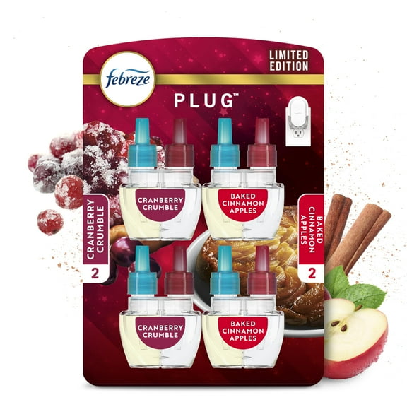 Febreze Odor-Fighting Fade Defy PLUG Air Freshener Baked Cinnamon Apple, Cranberry Crumble, .87 fl. oz. Oil Refill, 2 of Each