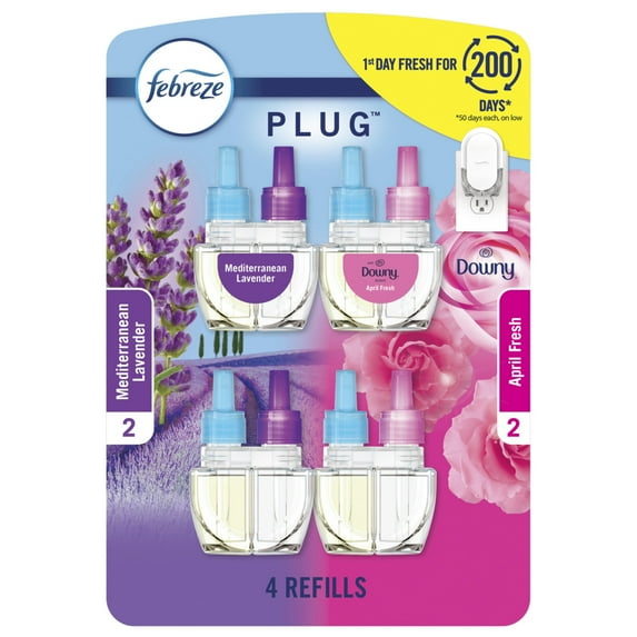 Febreze Plug In Air Freshener, Odor-Fighting Scented Oil Refill, April Fresh & Med Lav, 4 Pack