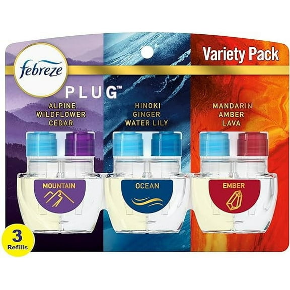 Febreze Odor-Fighting Fade Defy PLUG Air Freshener, Mountain, Ocean, Amber, (3) .87 fl. oz. Oil Refills- Pack of 3