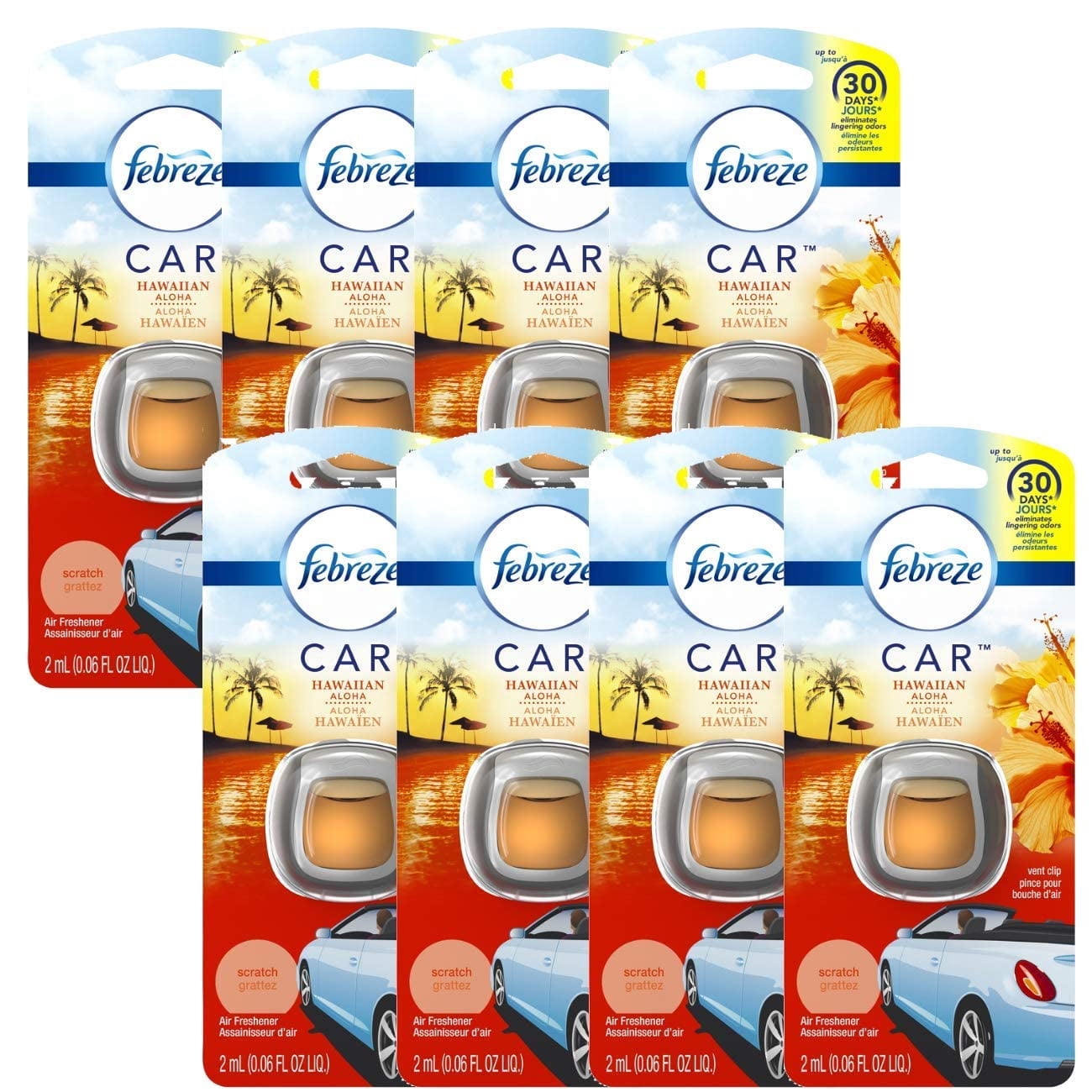 Febreze Car Vent Clip Air Freshener Hawaiian Aloha Scent Odor Eliminator 2 mL (Pack of 8)