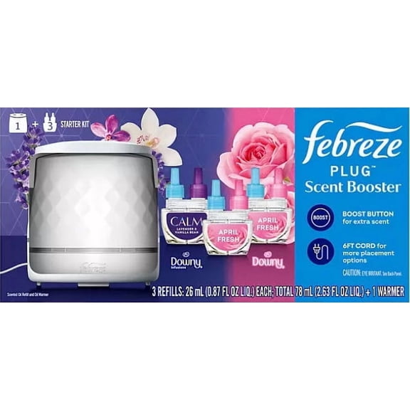Febreze PLUG Scent Booster Kit, CALM Lavender + Vanilla Bean and April Fresh, 1 Device + 3 Refills