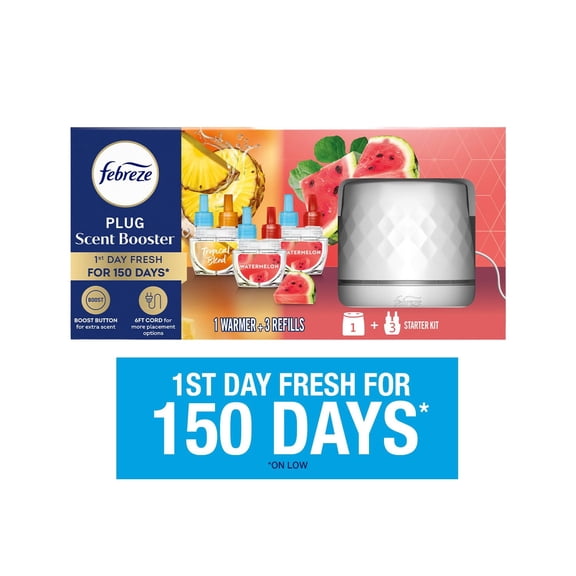 Febreze PLUG Scent Booster Oil Starter Kit, Watermelon & Tropical Blend, 1 Warmer + 3 Refills, 2.63 fl. oz