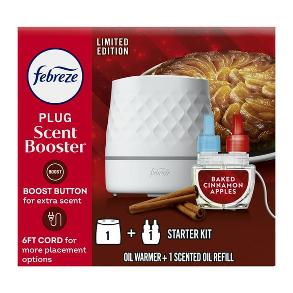 Febreze PLUG Scent Booster Starter Kit, Oil Diffuser, Air Freshener Plug In, Continuous Scent Device + 1 Baked Cinnamon Apple Refill