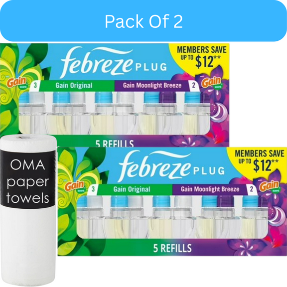 Febreze Plug Air Freshener Gain Original & Gain Moonlight Breeze (5 Refills, 4.35 fl oz)-2pk, With Paper Towel By OMA