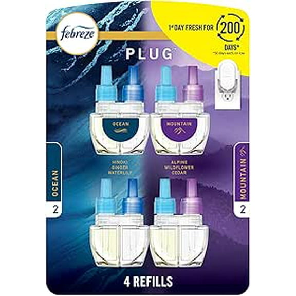 Febreze Plug In Air Freshener, Odor-Fighting Scented Oil Refill, Air Fresheners for Home and Bathroom and Kitchen, Long Lasting for Strong Odors, Ocean & Mountain Scents, 0.87oz Refills, 4 Count