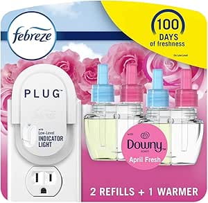 Febreze Plug In Air Freshener, Odor-Fighting Scented Oil Starter Kit, Air Fresheners for Home and Bathroom and Kitchen, Long Lasting for Strong Odors, Downy April Fresh Scent, Warmer + 2 Refill