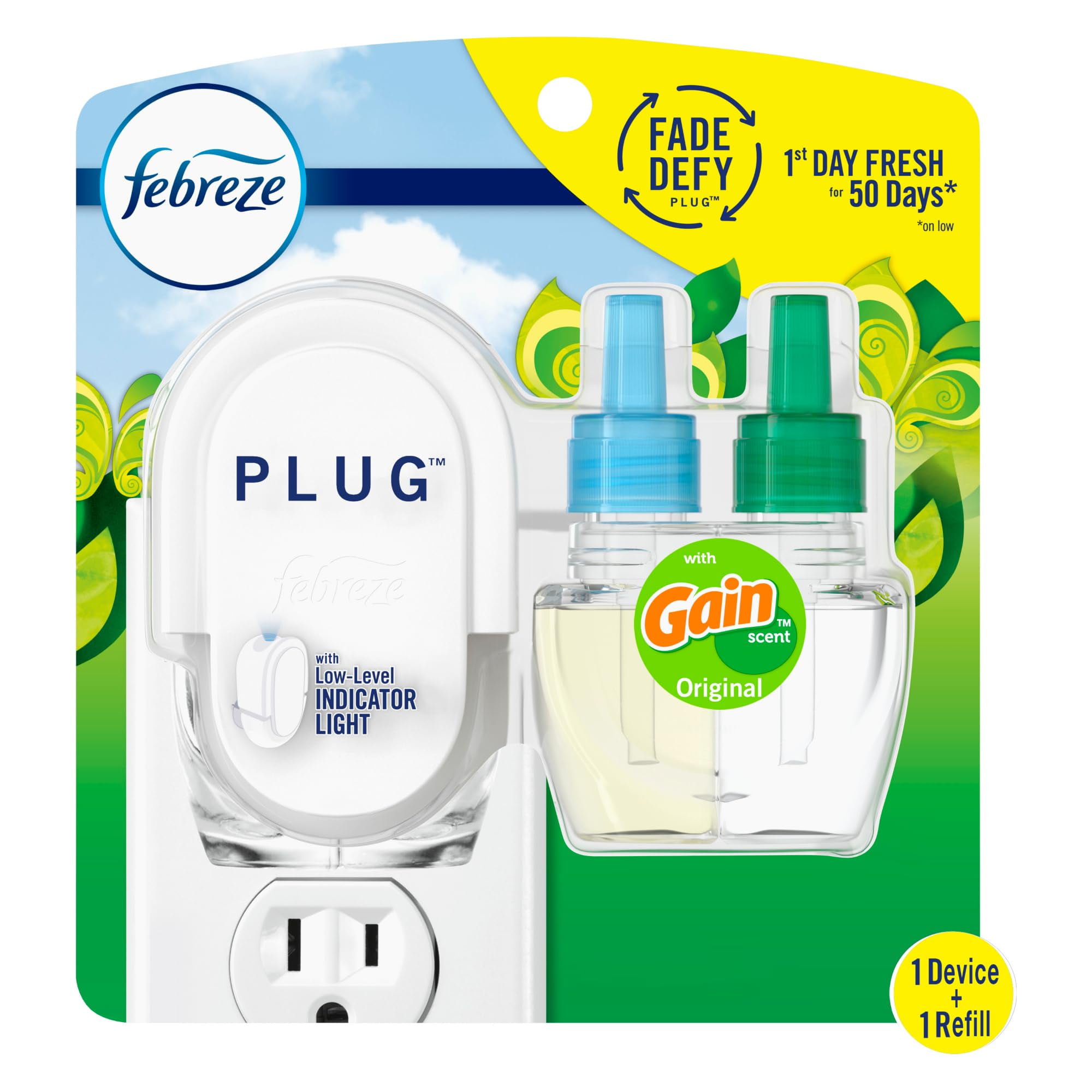 Febreze Plug In Air Freshener, Odor-Fighting Scented Oil Starter Kit, Air Fresheners For Home And Bathroom And Kitchen, Long Lasting For Strong Odors, Gain Original Scent, Warmer + 1 Refill - 3X
