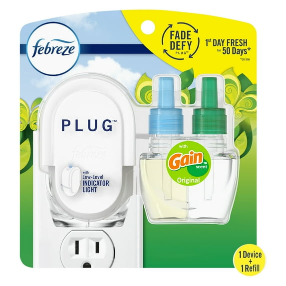 Febreze Plug In Air Freshener, Odor-Fighting Oil Kit, Gain Original, Warmer + 1 Refill
