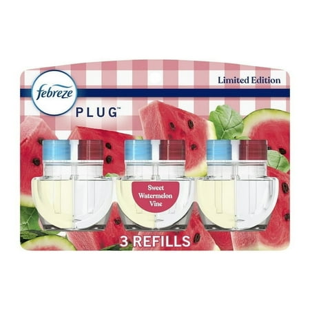 Febreze Plug In Air Freshener, Odor-Fighting Oil Refill, Sweet Watermelon Vine, (2 Pack of 3 Refills)