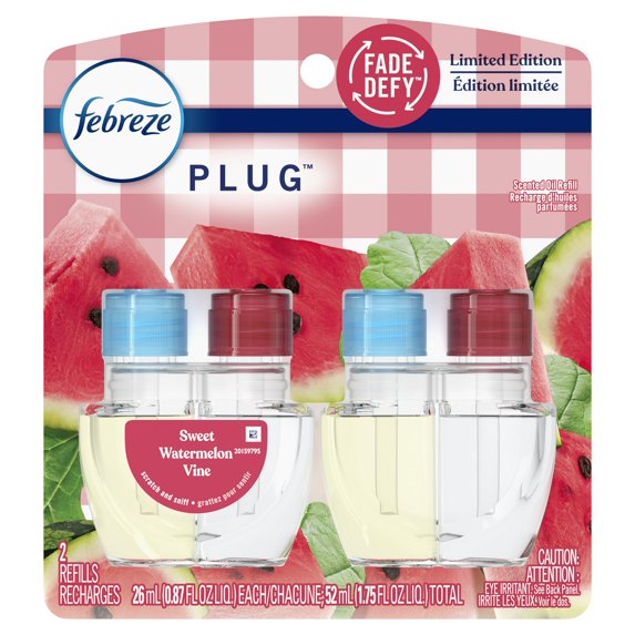 Febreze Plug In Air Freshener, Odor-Fighting Oil Refill, Sweet Watermelon Vine, (4 Pack of 2 Refills)