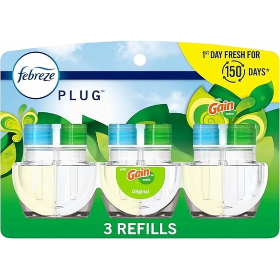 Febreze Plug-In Air Freshener, Odor-Fighting Scented Oil Refill, Air Fresheners for Home, Bathroom and Kitchen, Long Lasting, Gain Original Scent, 0.87oz Refills, Blue and Green, 3 Count