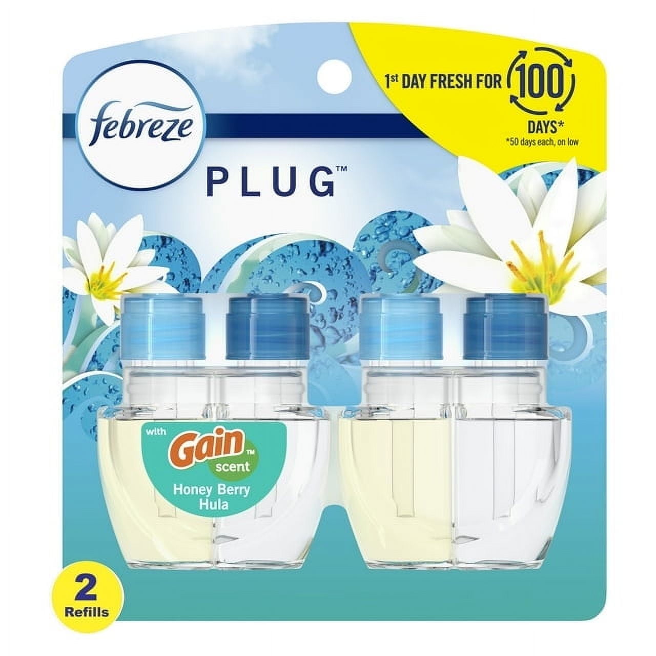 Febreze Plug In Air Freshener, Odor-Fighting Scented Oil Refill, Gain Honeyberry Hula, (4 Pack of 2 Refills)