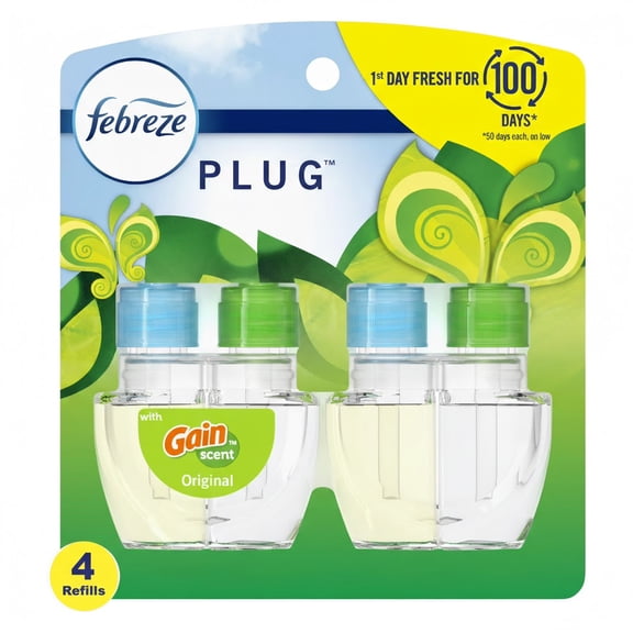 Febreze Plug In Air Freshener, Odor-Fighting Scented Oil Refill, Gain Scent, 4 Refills