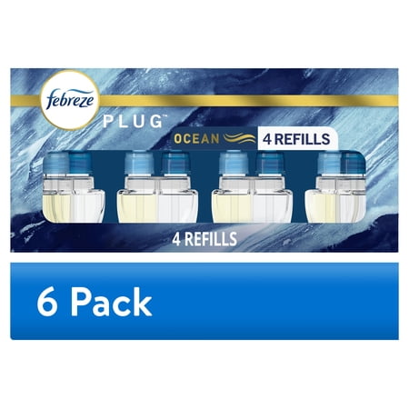 (6 pack) Febreze Plug In Air Freshener, Odor-Fighting Scented Oil Refill, Ocean, 4 Refills